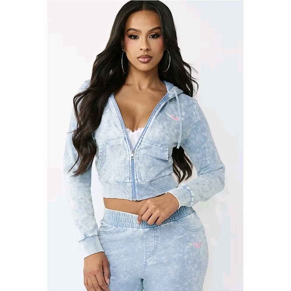 New True Religion Denim Hoodie Women S Horseshoe Wing Faux Full Zip Crop‎ Y2K